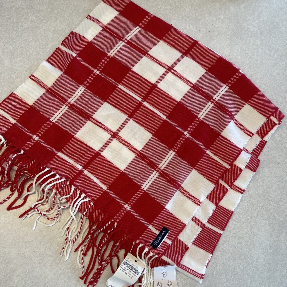 Land's End Unisex Scarf Red White Plaid With Fringe Super Soft 15" X 64"